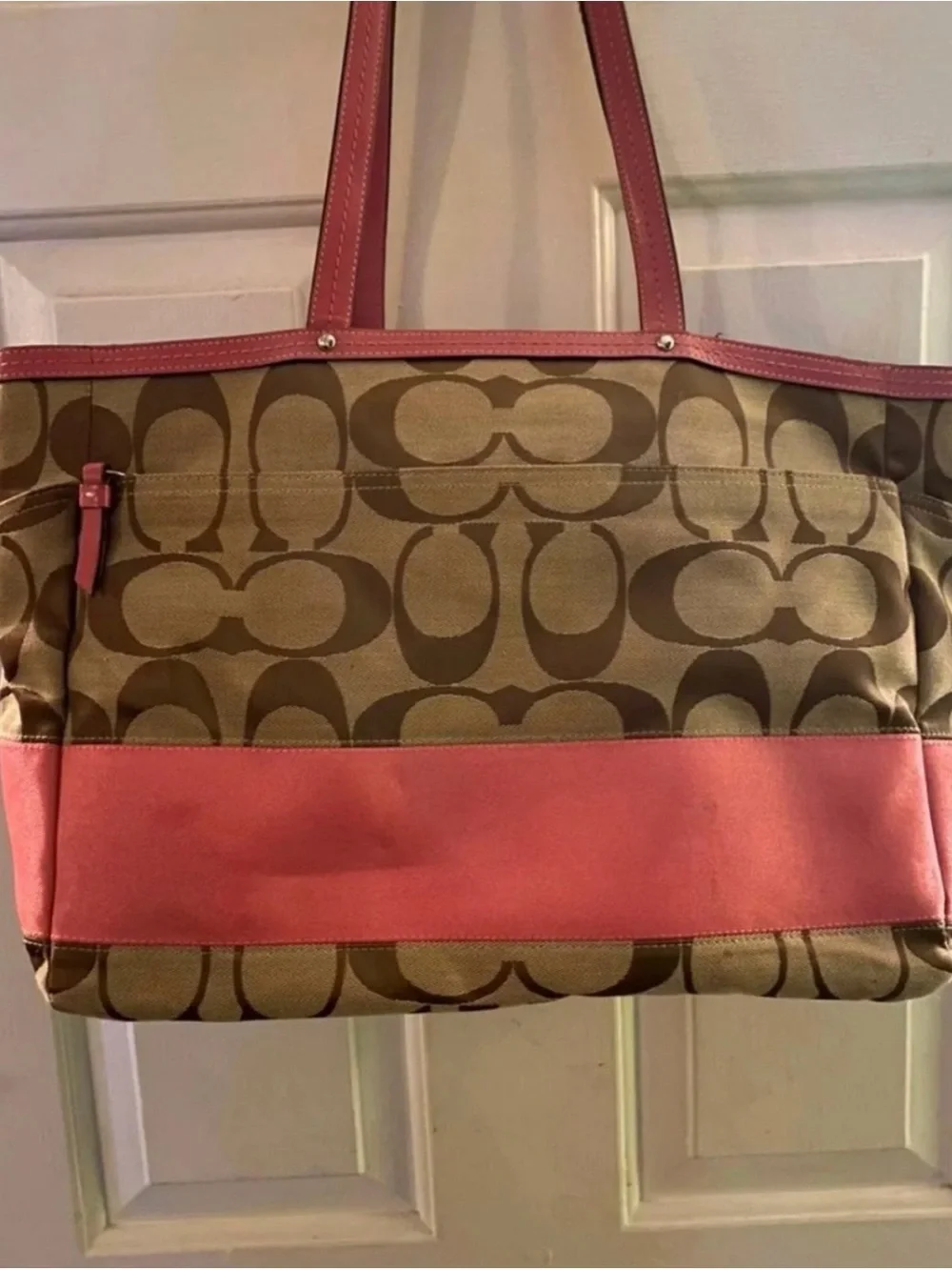 Coach Brown Signature Canvas Tote with Pink Trim